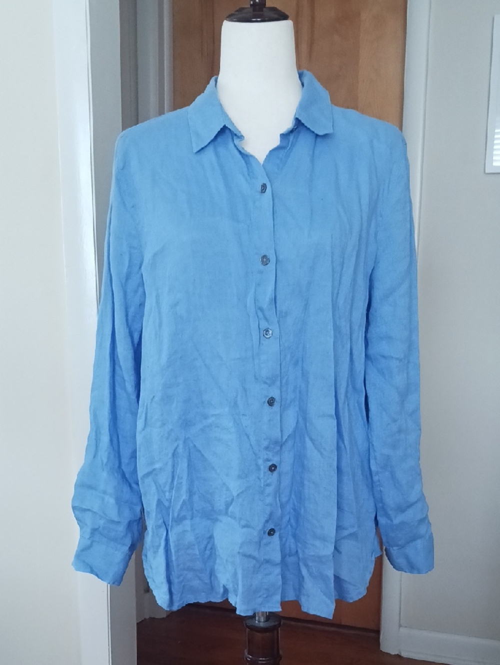 J. Jill Linen Shirt Long Sleeve Button Front With Collar Vneck Blue Sz M
